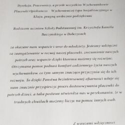Podziękowanie od dyrekcji dla SP nr 1 w Dobczycach